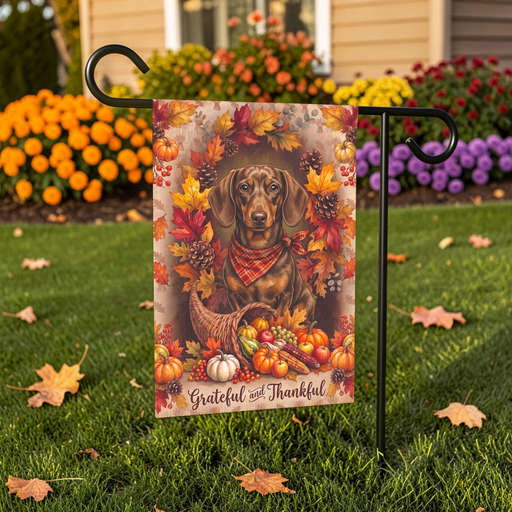 Grateful and Thankful Short Hair Dachshund garden flag displayed on a stand in a garden bed with autumn flowers and a house in the background