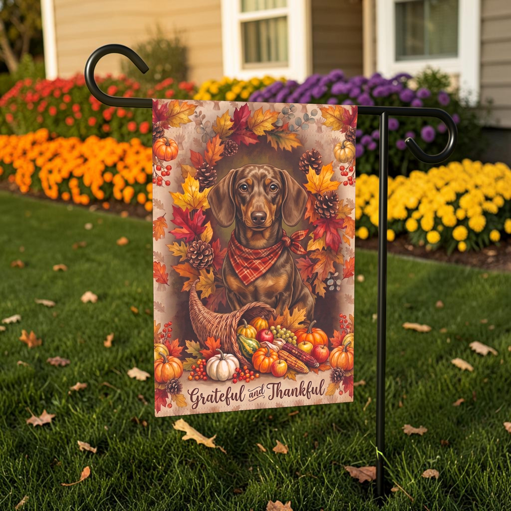 Grateful and Thankful Short Hair Dachshund garden flag on a stand in a garden bed with orange marigolds and purple flowers