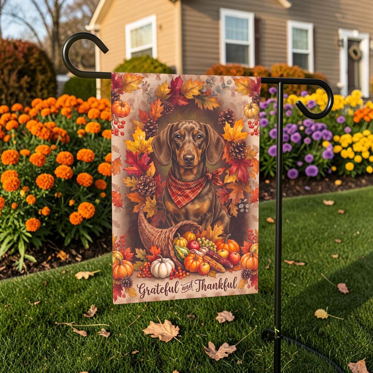 Grateful and Thankful Short Hair Dachshund garden flag on a stand in front of a house with shutters and a door wreath