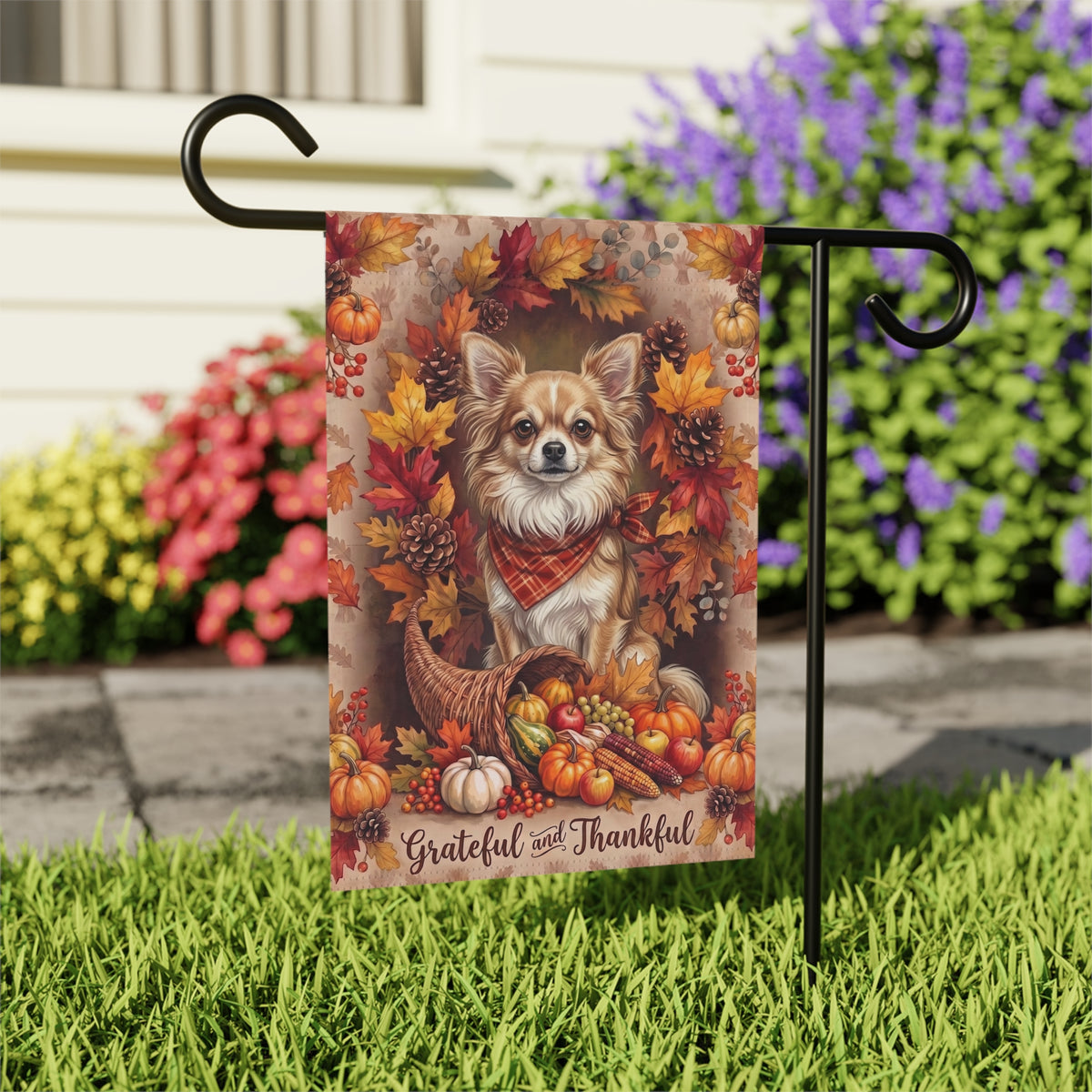 Grateful and Thankful Long Hair Chihuahua Thanksgiving garden flag shown on a stand near a walkway with potted mums