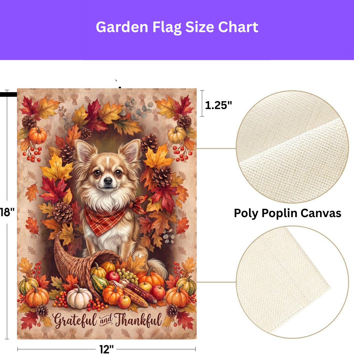 Grateful and Thankful Long Hair Chihuahua garden flag on a stand in front of a house with shutters and a door wreath