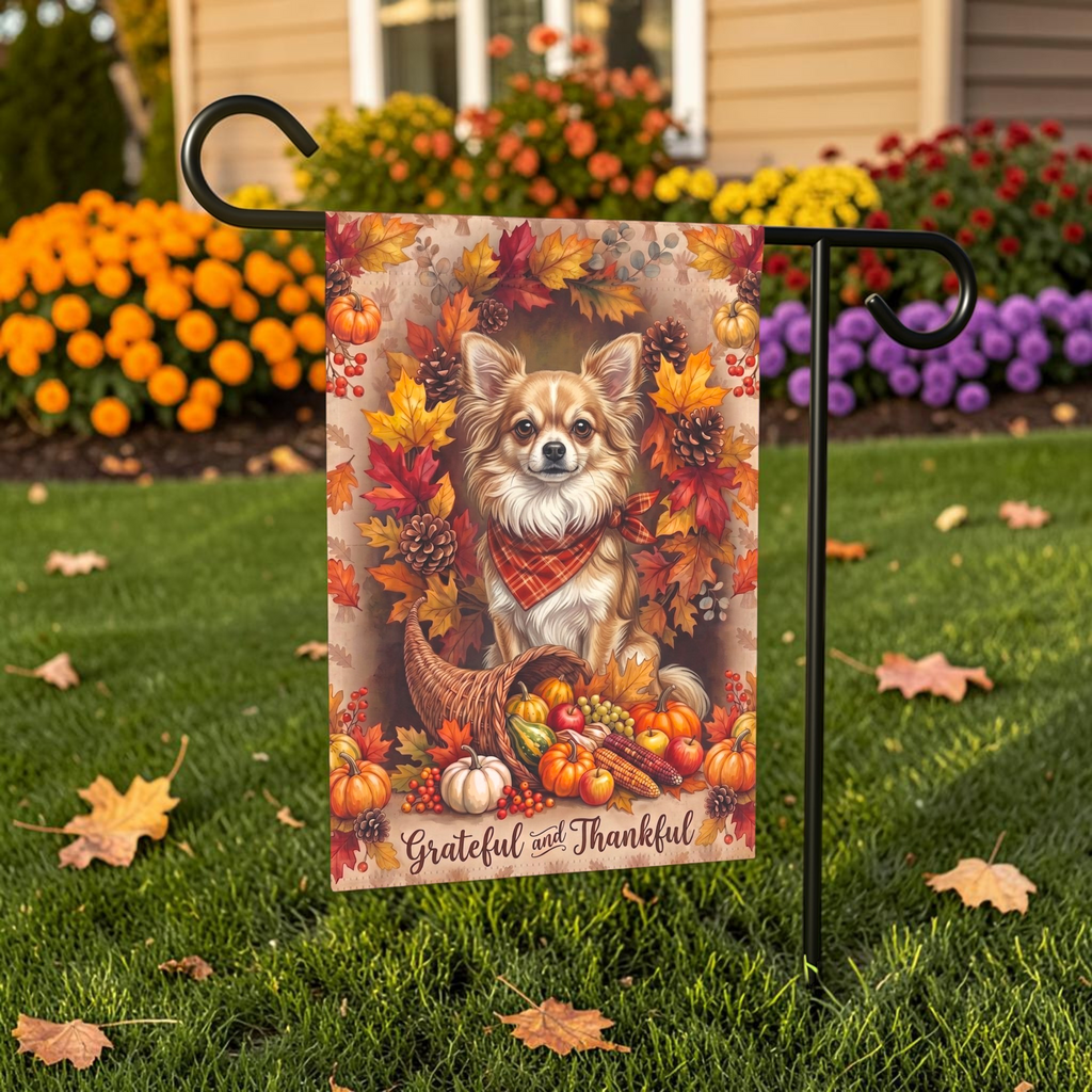 Grateful and Thankful Long Hair Chihuahua garden flag displayed on a stand in a garden bed with autumn flowers and a house in the background