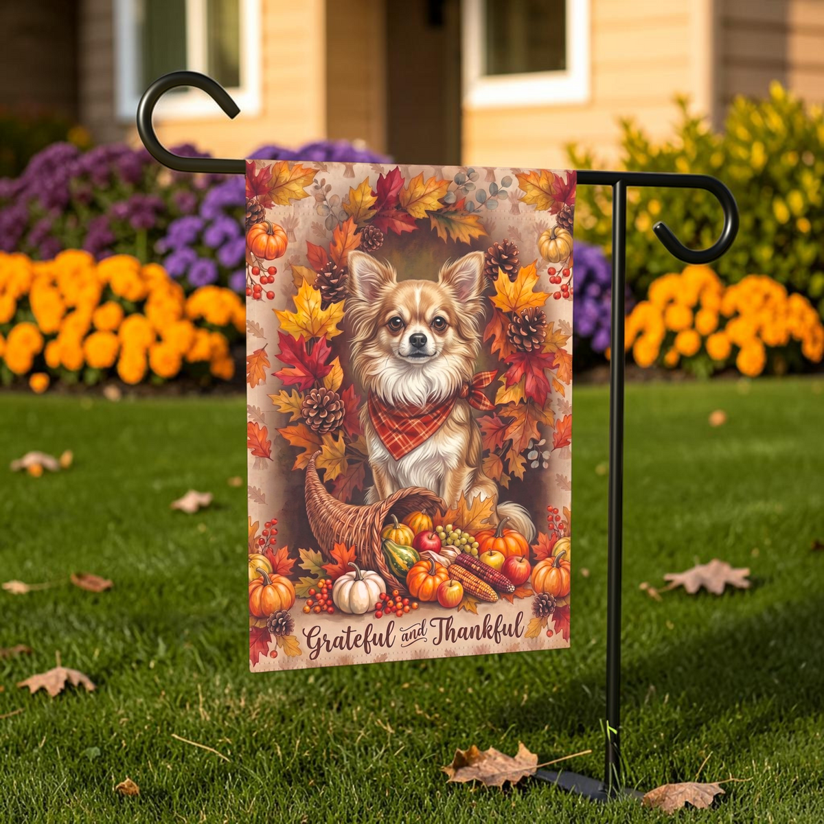 House flag size chart for the Grateful and Thankful Long Hair Chihuahua showing 24.5 inch by 32 inch dimensions with a 3 inch top sleeve