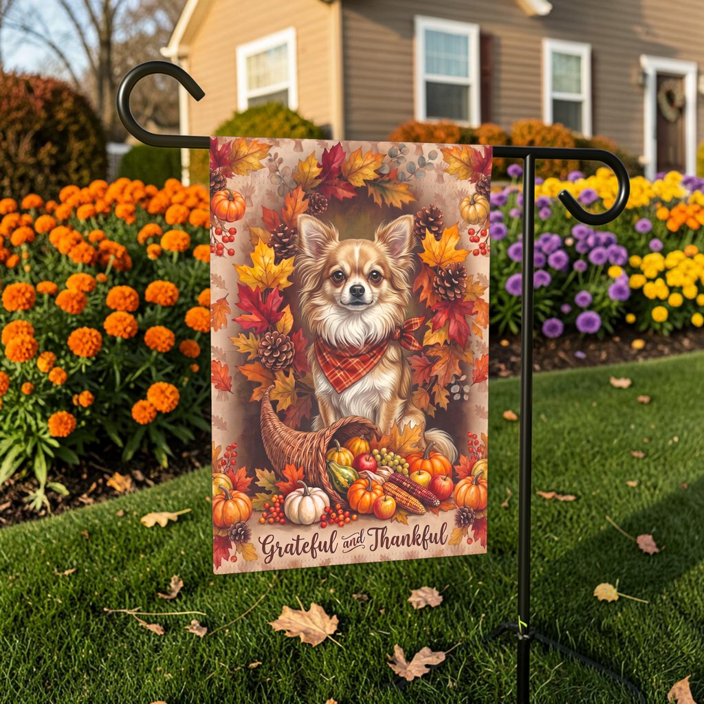 Garden flag size chart for the Grateful and Thankful Long Hair Chihuahua showing 12 inch by 18 inch dimensions with a 1.25 inch top sleeve