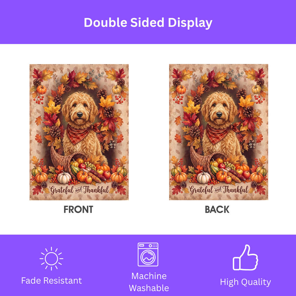 Garden flag size chart for the Grateful and Thankful Doodle Golden Noodle showing 12 inch by 18 inch dimensions with a 1.25 inch top sleeve