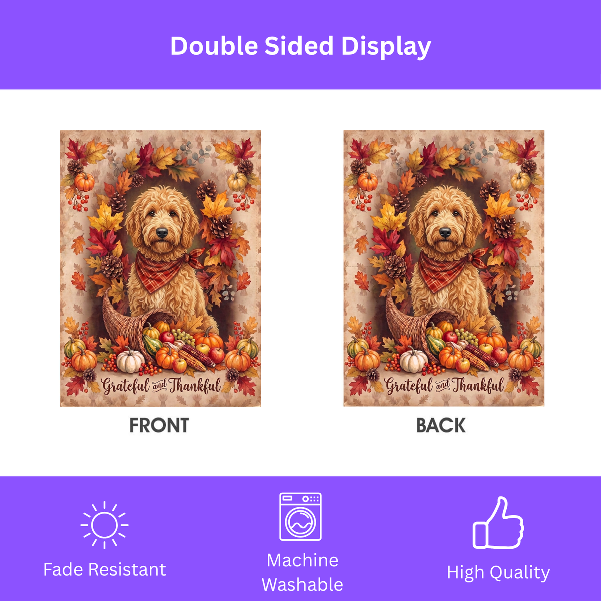 Garden flag size chart for the Grateful and Thankful Doodle Golden Noodle showing 12 inch by 18 inch dimensions with a 1.25 inch top sleeve