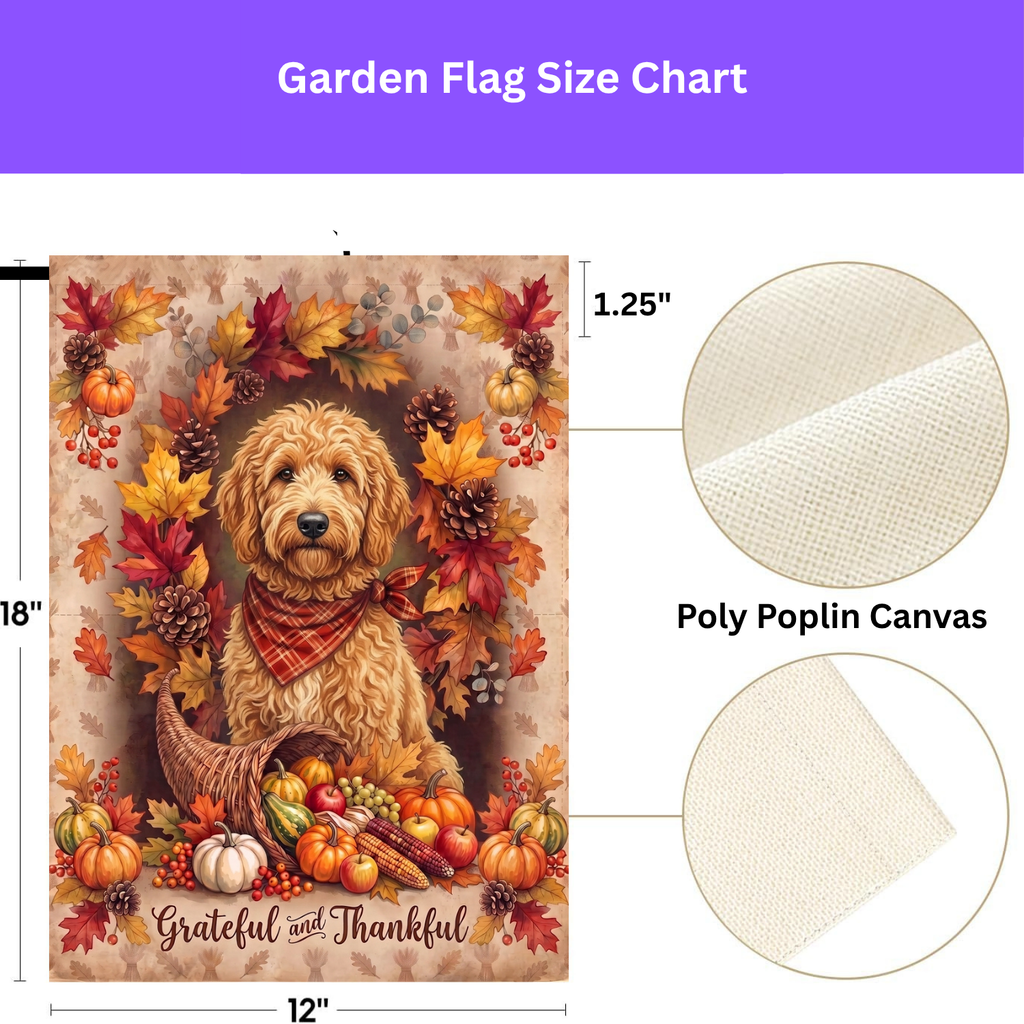 House flag size chart for the Grateful and Thankful Doodle Golden Noodle showing 24.5 inch by 32 inch dimensions with a 3 inch top sleeve