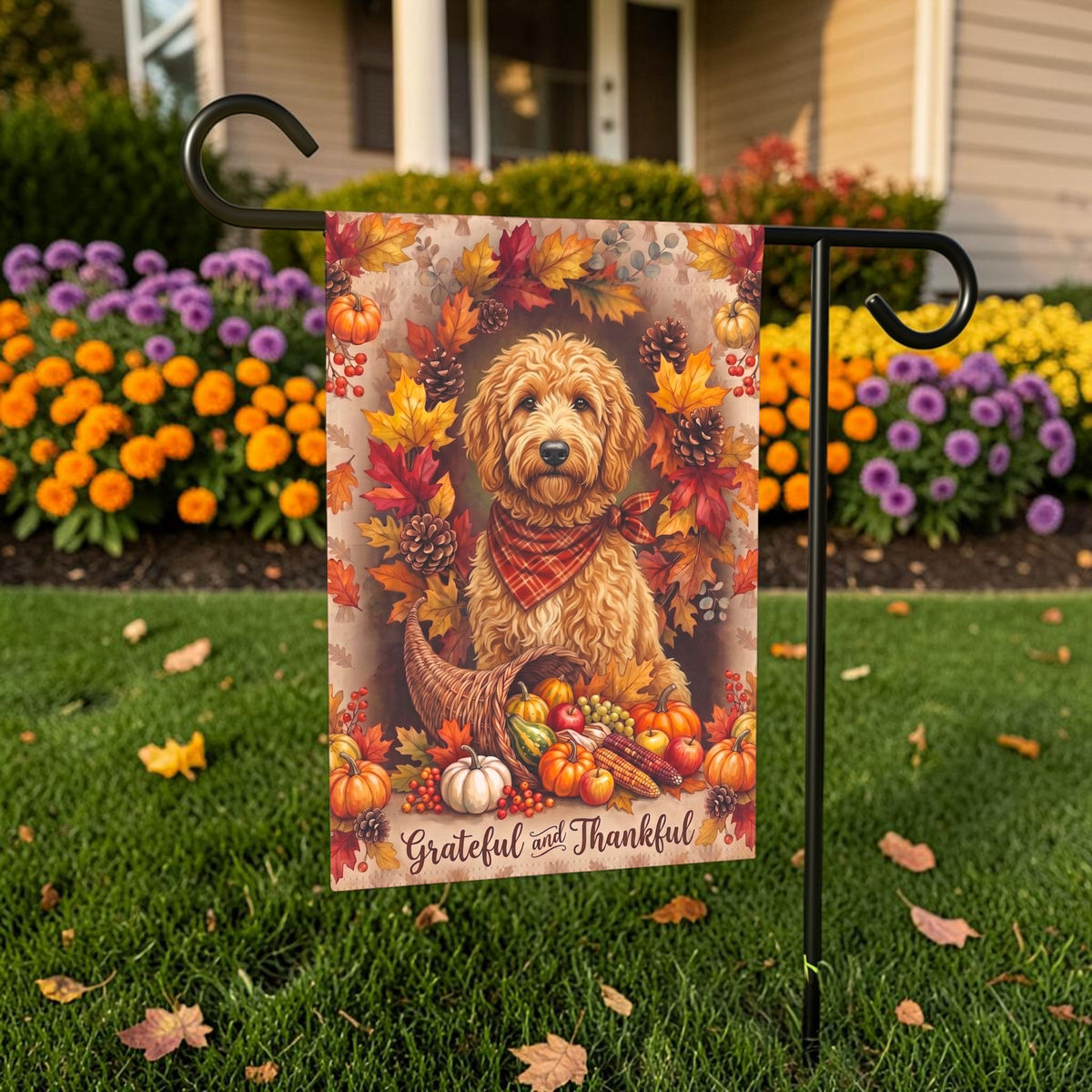 Grateful and Thankful Doodle Golden Noodle garden flag displayed on a stand in a garden bed with autumn flowers and a house in the background