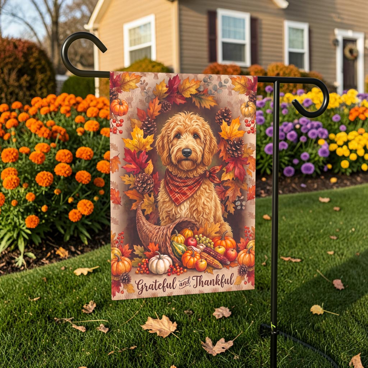 Grateful and Thankful Doodle Golden Noodle garden flag on a stand in a garden bed with orange marigolds and purple flowers