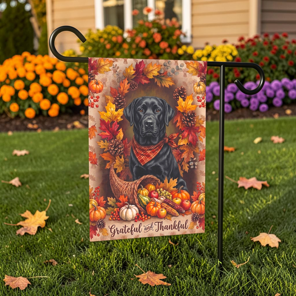 Grateful And Thankful Black Labrador Retriever garden flag displayed on a stand in a garden bed with autumn flowers and a house in the background