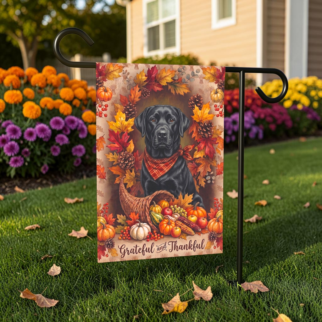 Grateful And Thankful Black Labrador Retriever garden flag on a stand in a garden bed with orange marigolds and purple flowers