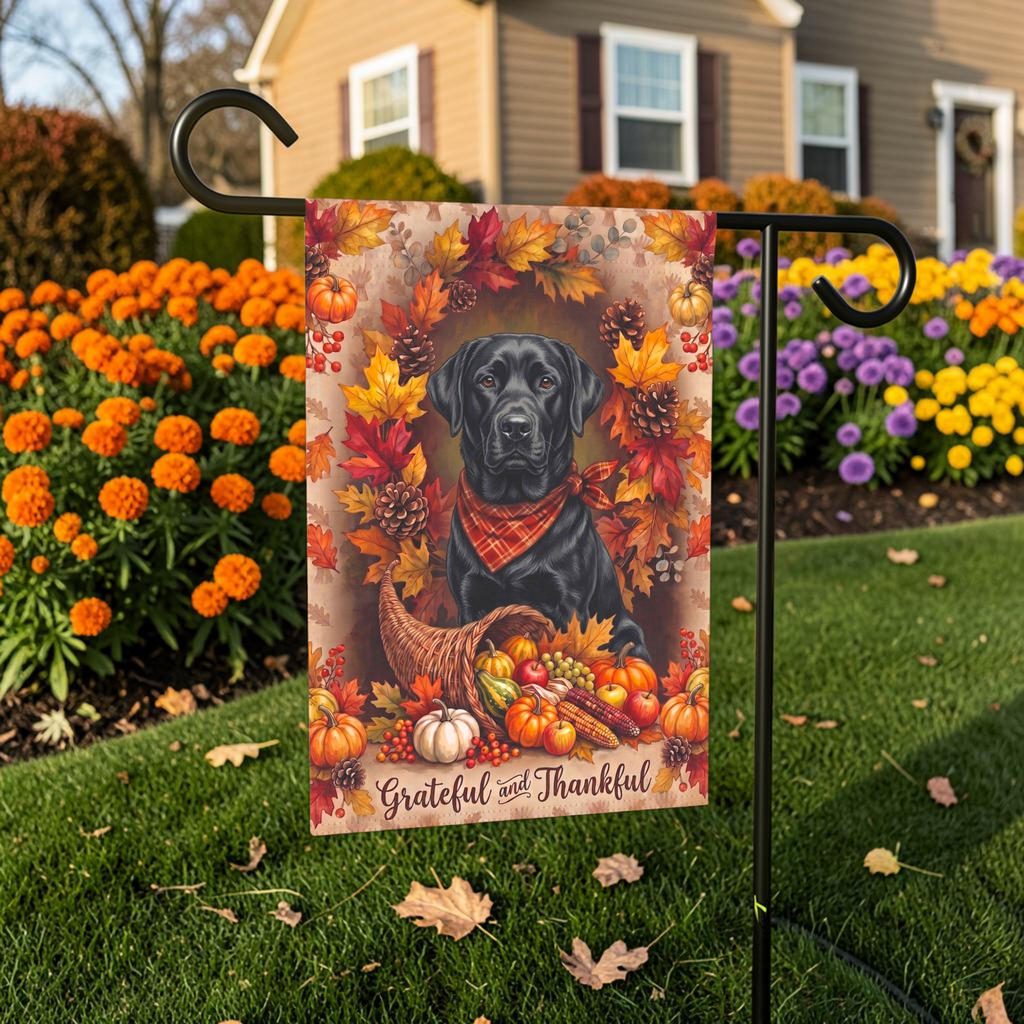Grateful And Thankful Black Labrador Retriever garden flag on a stand in front of a house with shutters and a door wreath