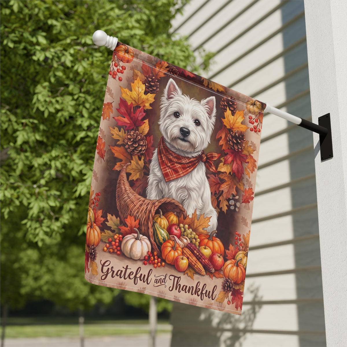 Grateful And Thankful Westie Thanksgiving Garden Flag Double Sided 12x18 24x32
