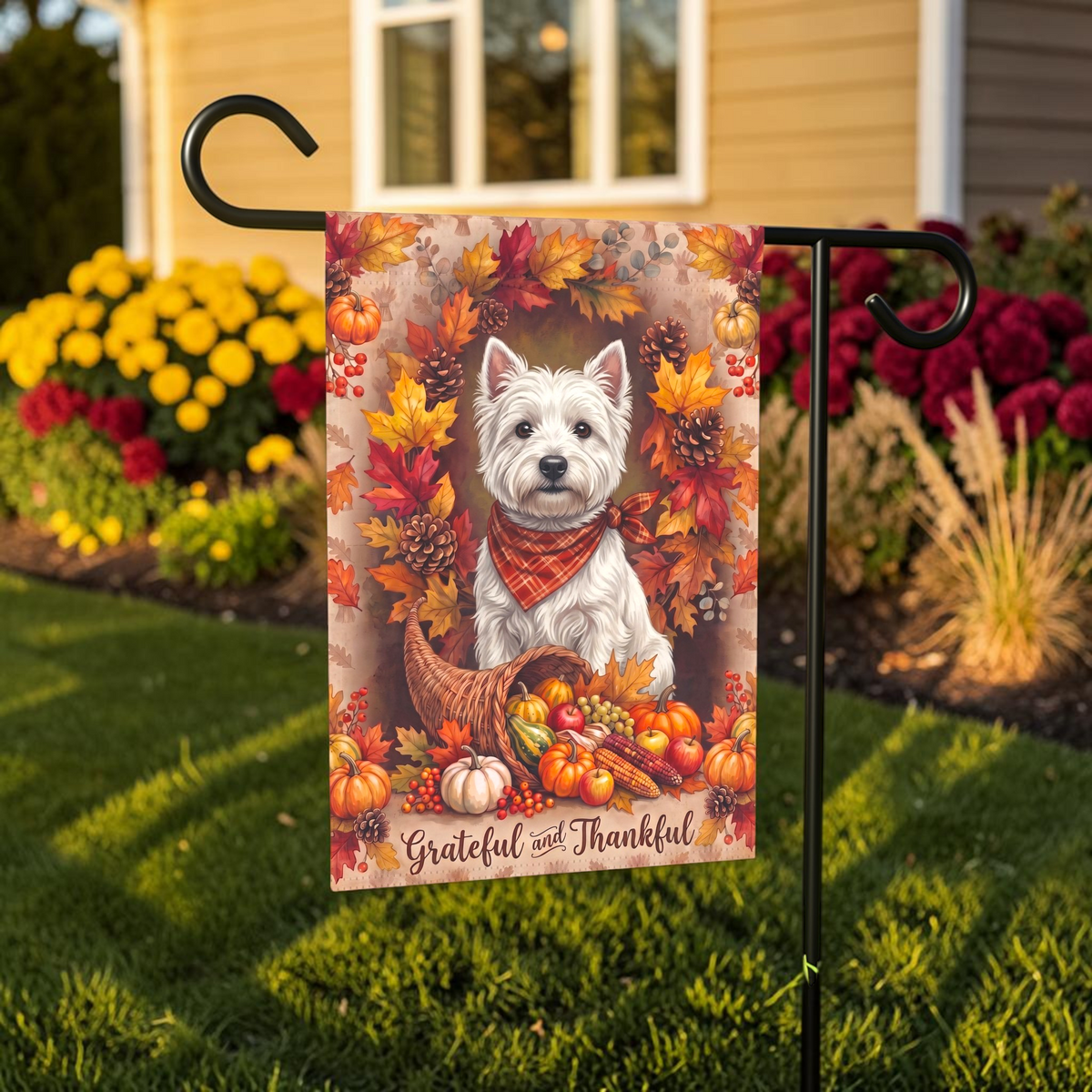 Grateful And Thankful Westie Thanksgiving Garden Flag Double Sided 12x18 24x32