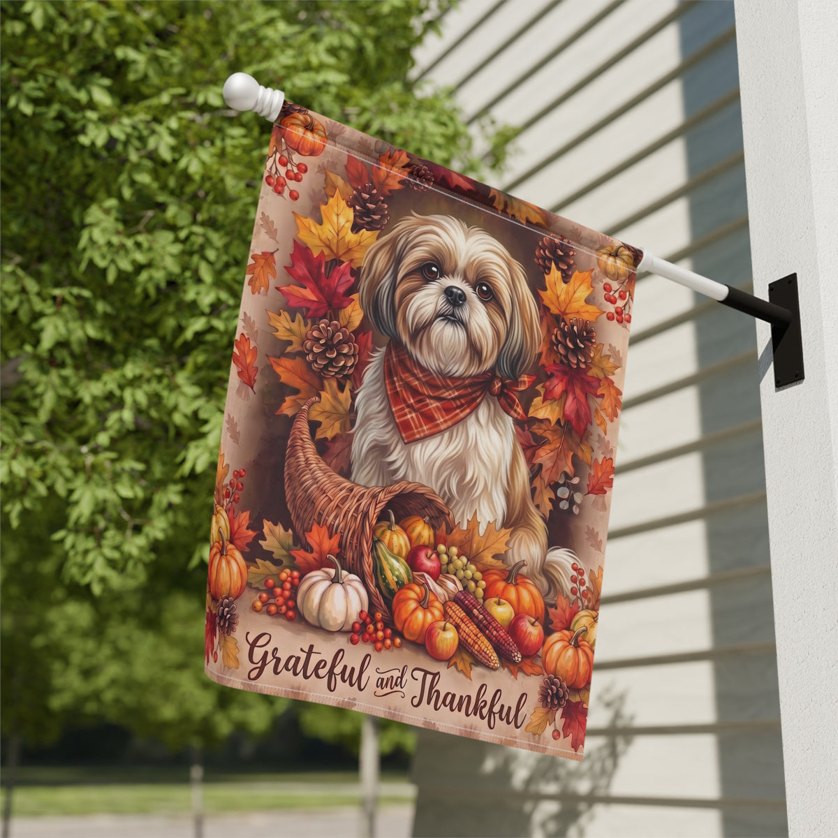 Grateful And Thankful Shih Tzu Thanksgiving Garden Flag Double Sided 12x18 24x32