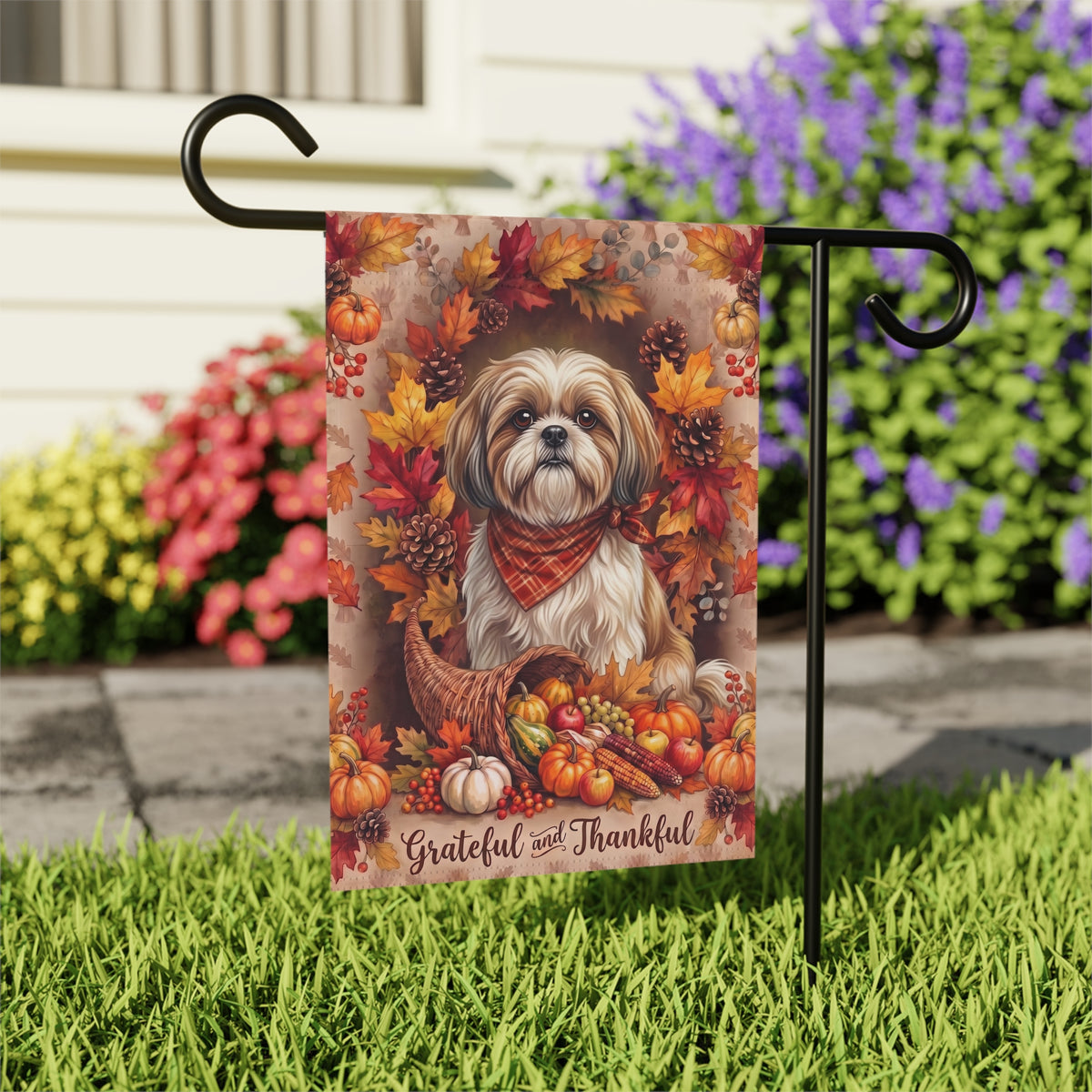 Grateful And Thankful Shih Tzu Thanksgiving Garden Flag Double Sided 12x18 24x32