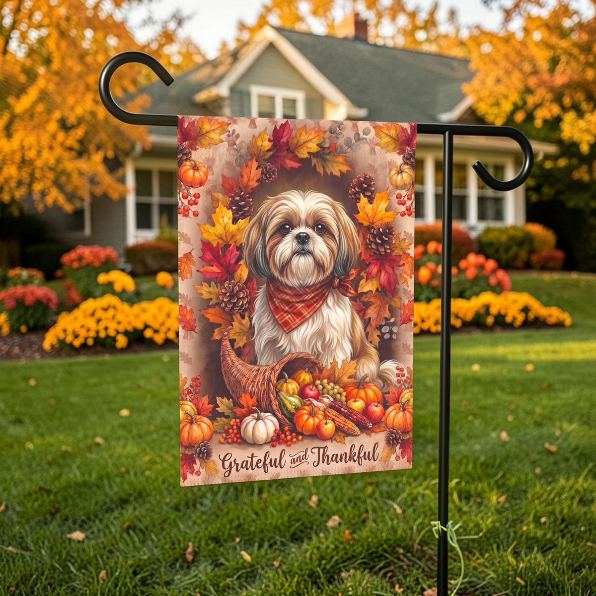 Grateful And Thankful Shih Tzu Thanksgiving Garden Flag Double Sided 12x18 24x32
