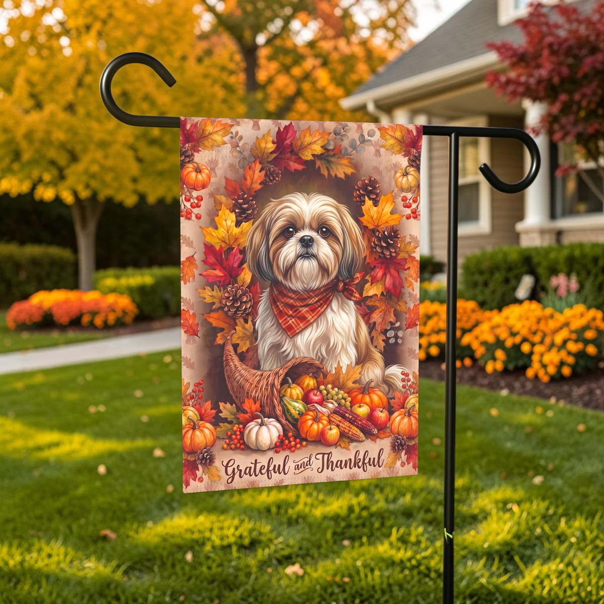 Grateful And Thankful Shih Tzu Thanksgiving Garden Flag Double Sided 12x18 24x32