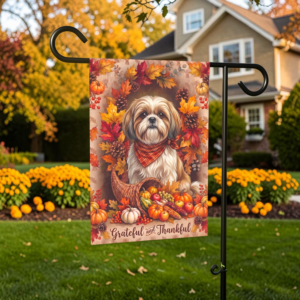 Grateful And Thankful Shih Tzu Thanksgiving Garden Flag Double Sided 12x18 24x32