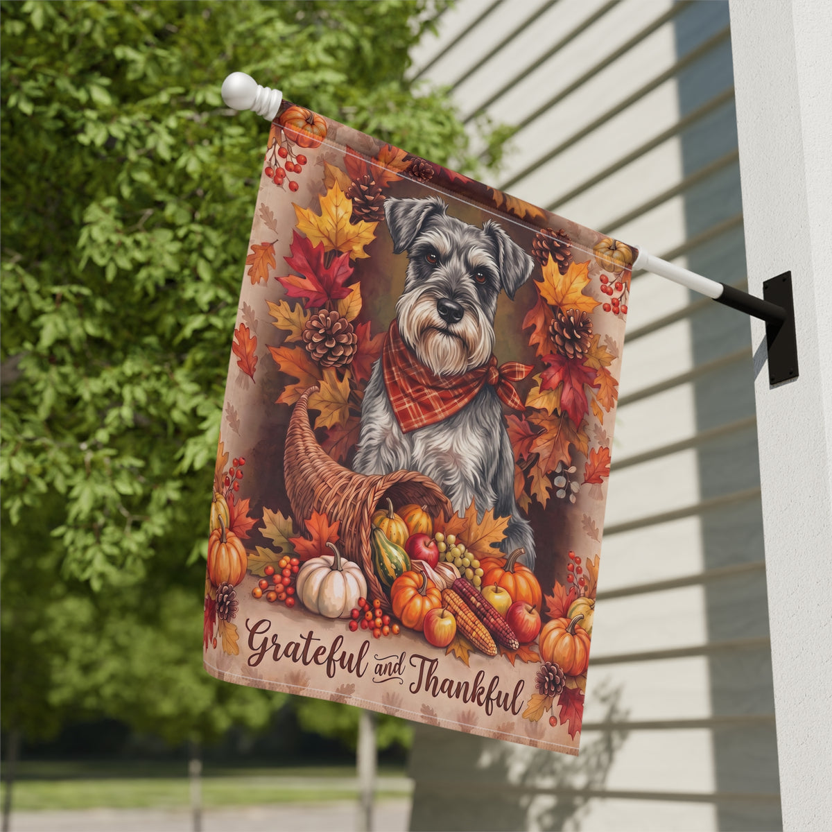 Grateful And Thankful Schnauzer Thanksgiving Garden Flag Double Sided Outdoor