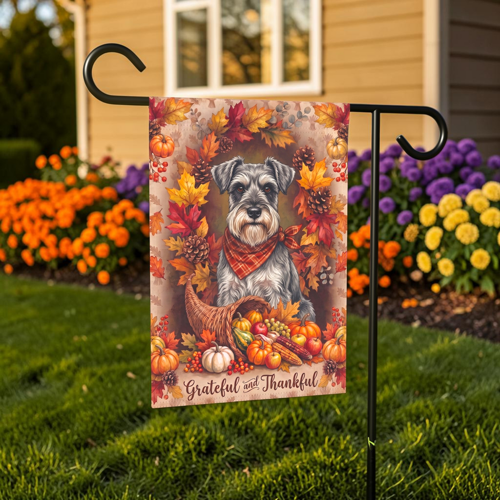 Grateful And Thankful Schnauzer Thanksgiving Garden Flag Double Sided Outdoor