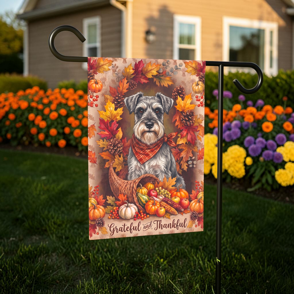 Grateful And Thankful Schnauzer Thanksgiving Garden Flag Double Sided Outdoor