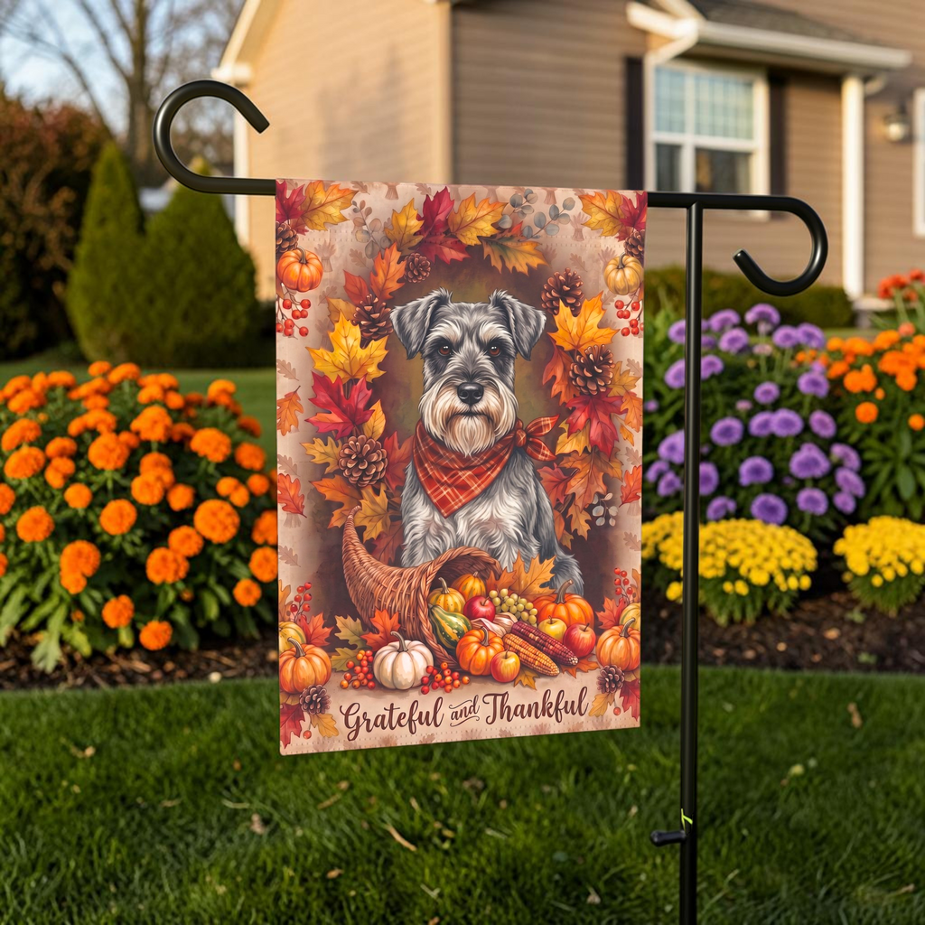 Grateful And Thankful Schnauzer Thanksgiving Garden Flag Double Sided Outdoor