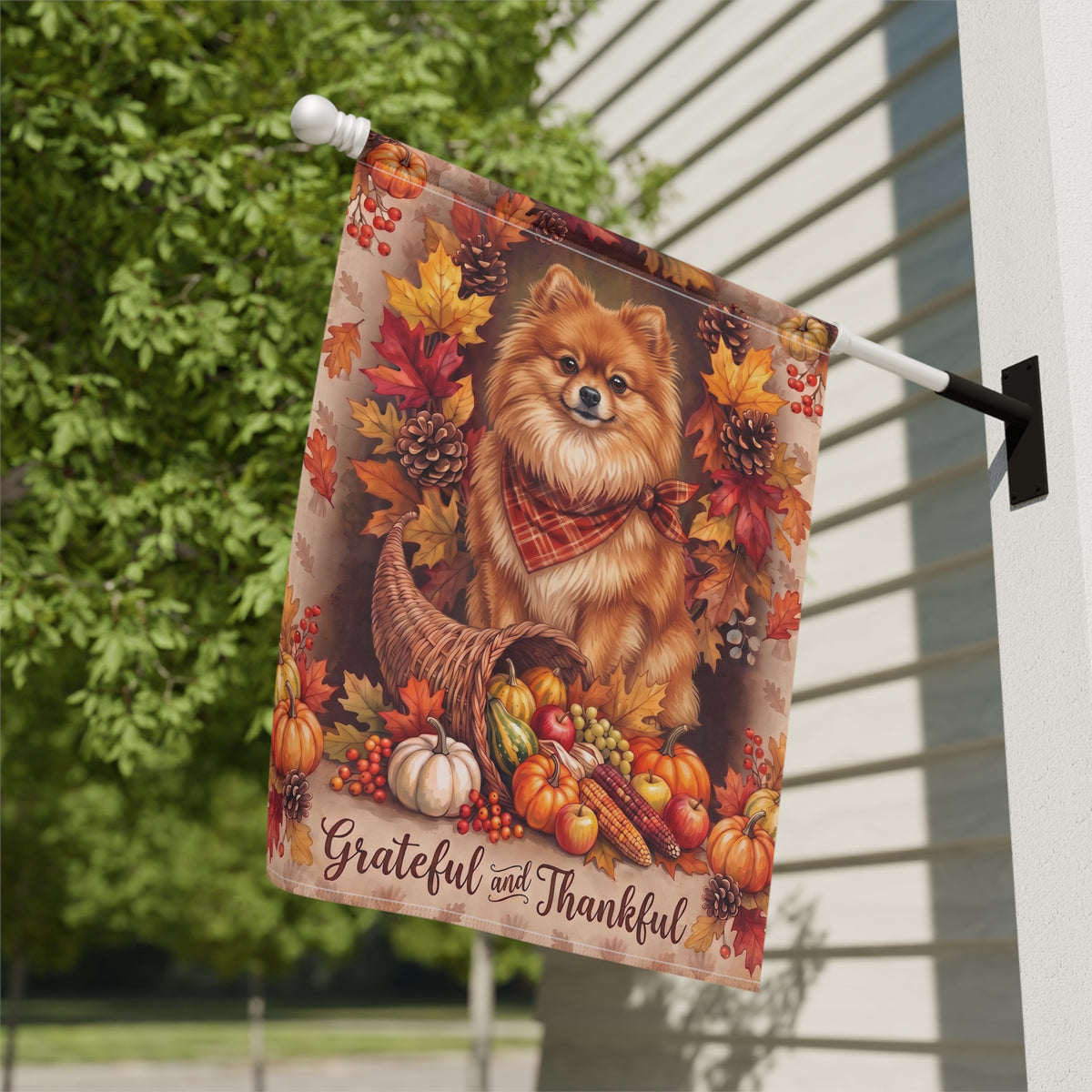 Grateful And Thankful Pomeranian Thanksgiving Garden Flag Double Sided Outdoor