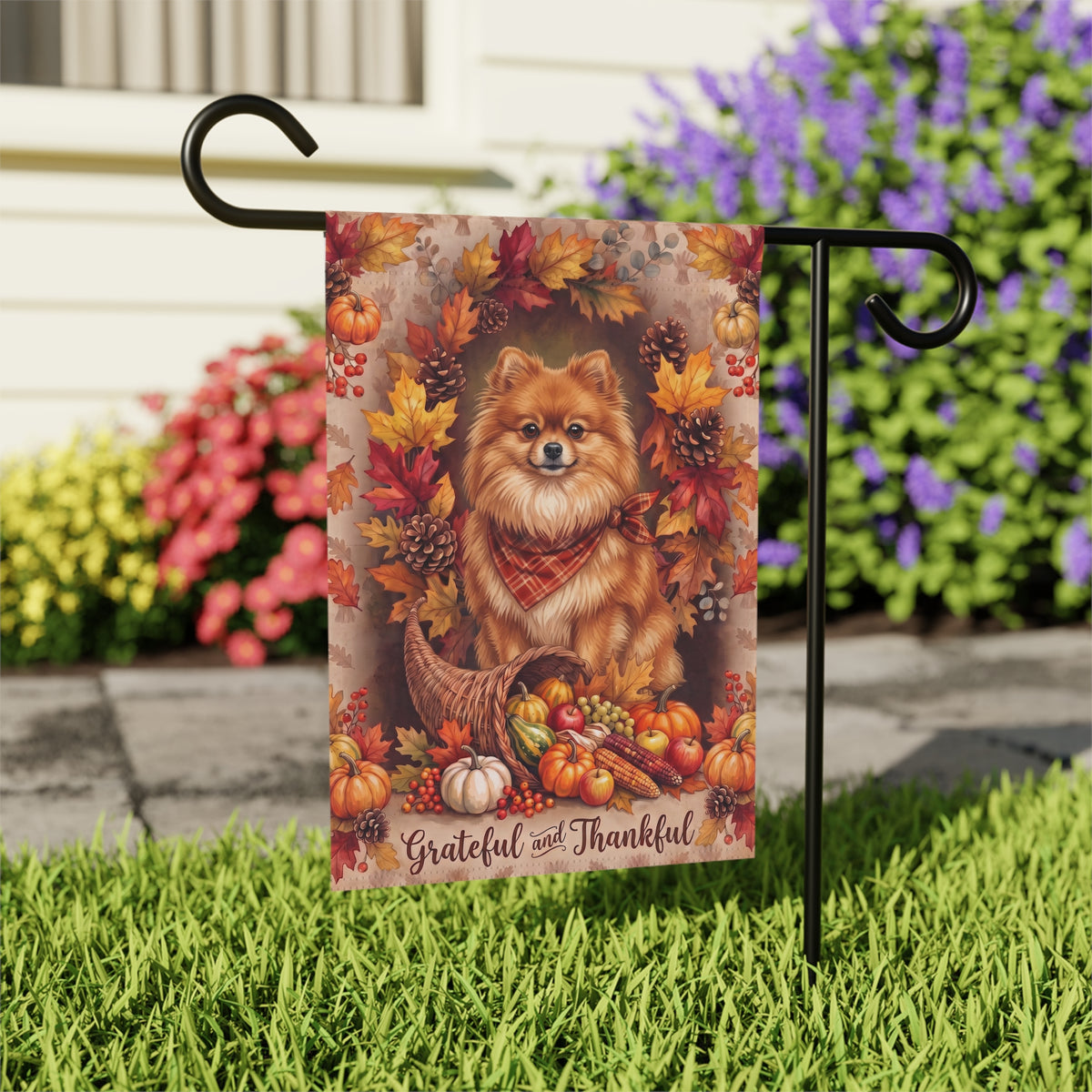 Grateful And Thankful Pomeranian Thanksgiving Garden Flag Double Sided Outdoor