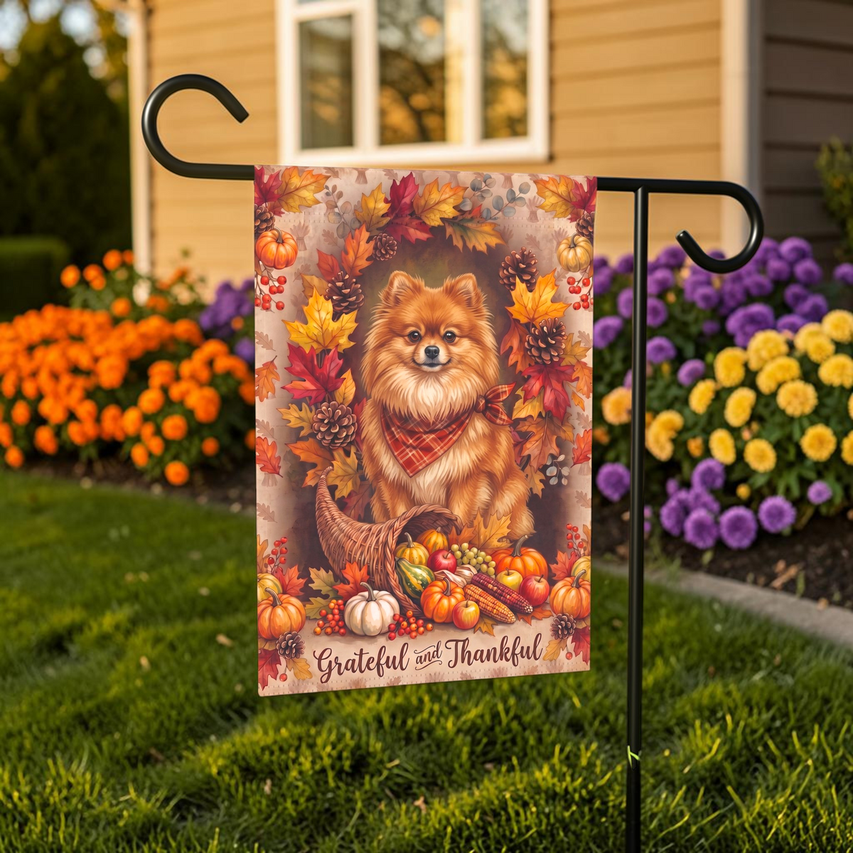Grateful And Thankful Pomeranian Thanksgiving Garden Flag Double Sided Outdoor