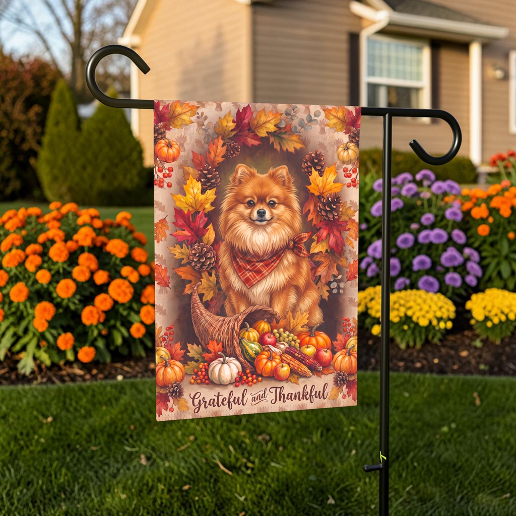 Grateful And Thankful Pomeranian Thanksgiving Garden Flag Double Sided Outdoor