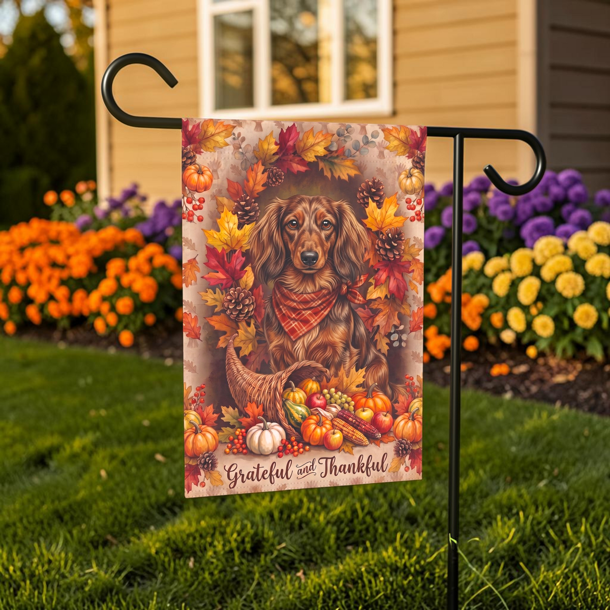 Grateful And Thankful Long Hair Dachshund Thanksgiving Garden Flag Double Sided