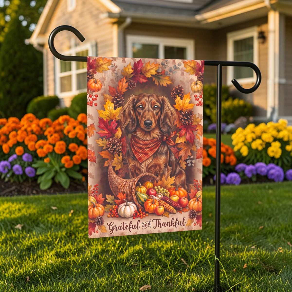 Grateful And Thankful Long Hair Dachshund Thanksgiving Garden Flag Double Sided