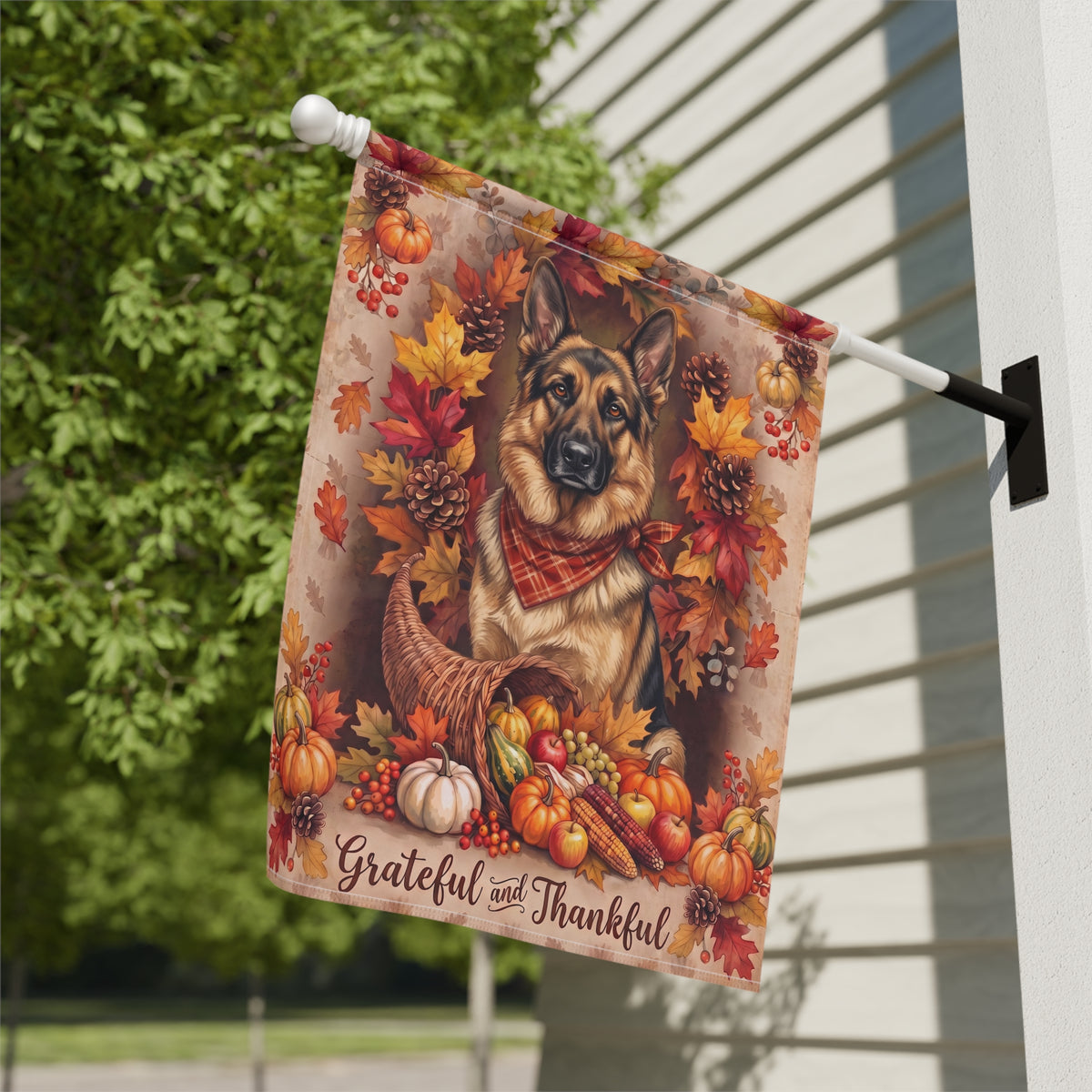 Grateful and Thankful German Shepherd Thanksgiving Garden Flag Double Sided