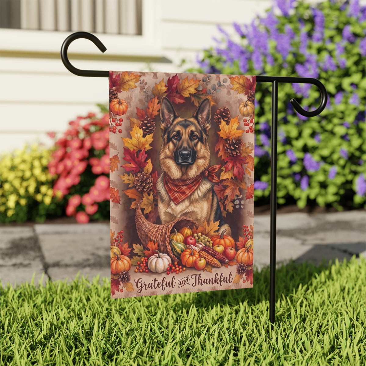 Grateful and Thankful German Shepherd Thanksgiving Garden Flag Double Sided
