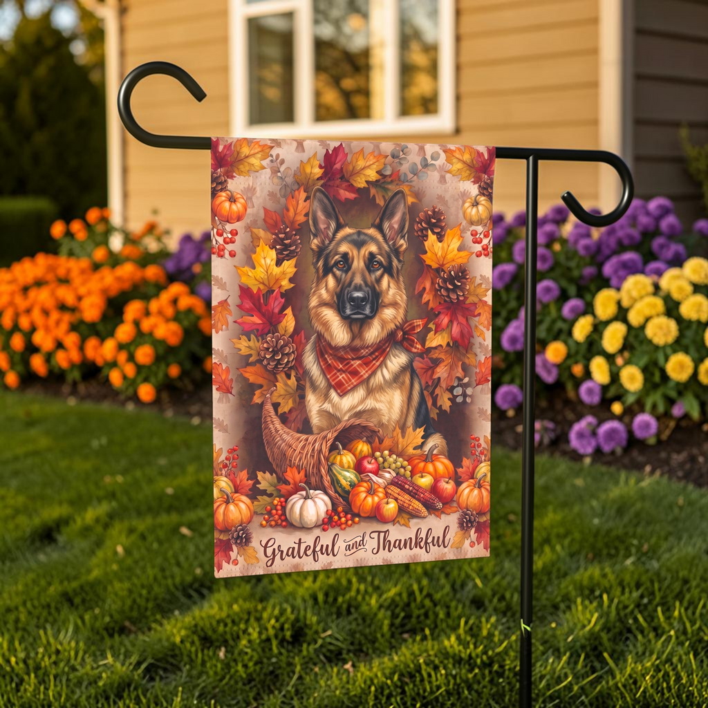 Grateful and Thankful German Shepherd Thanksgiving Garden Flag Double Sided
