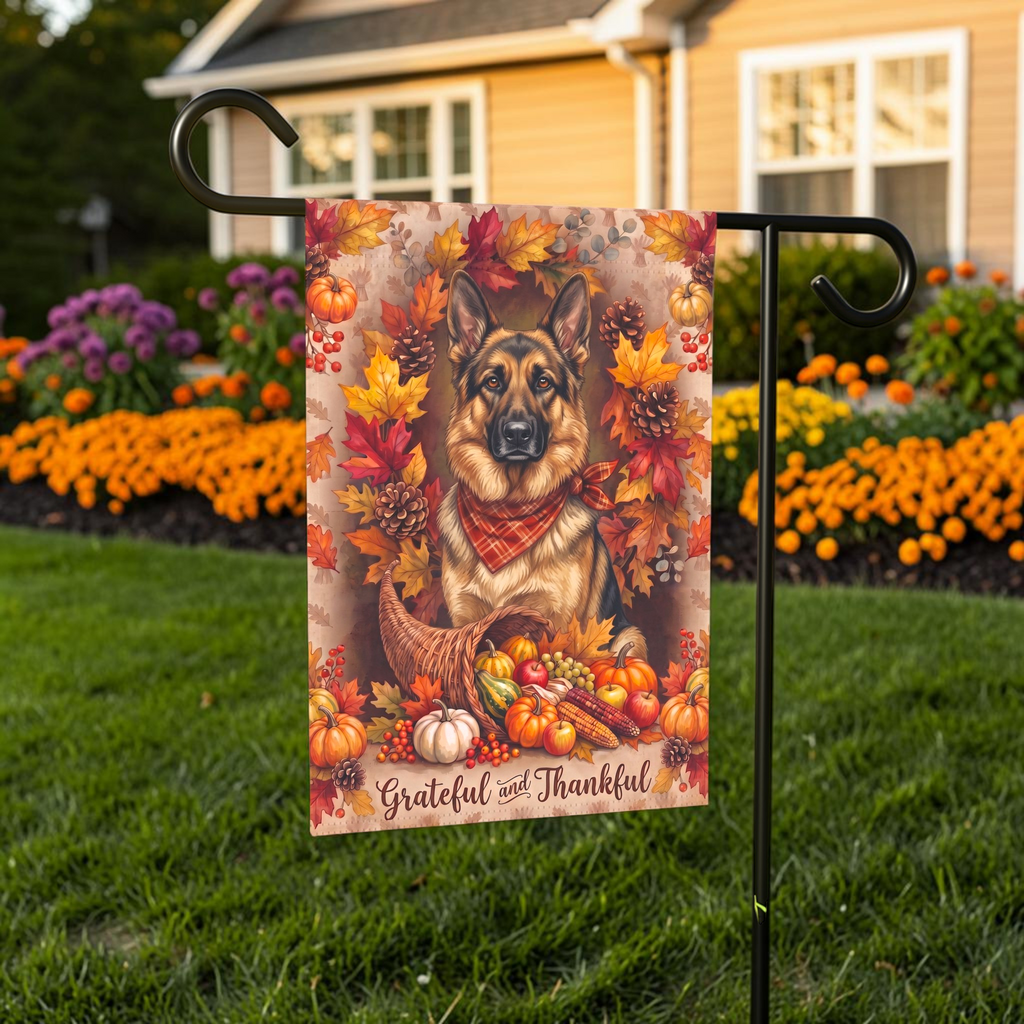 Grateful and Thankful German Shepherd Thanksgiving Garden Flag Double Sided