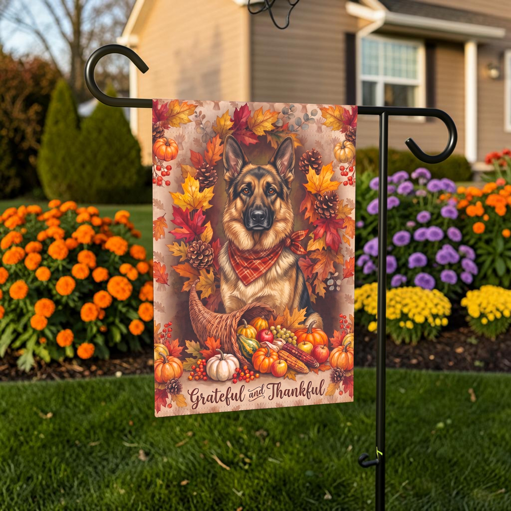 Grateful and Thankful German Shepherd Thanksgiving Garden Flag Double Sided