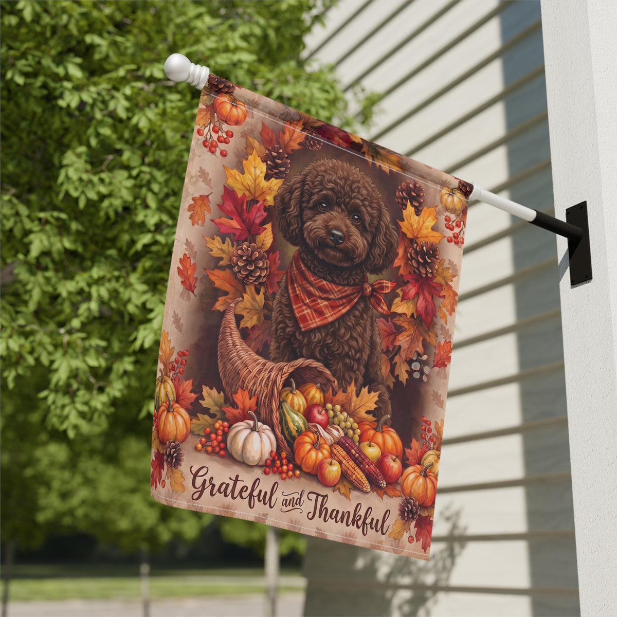 Grateful and Thankful Chocolate Toy Poodle Thanksgiving Garden Flag Double Sided