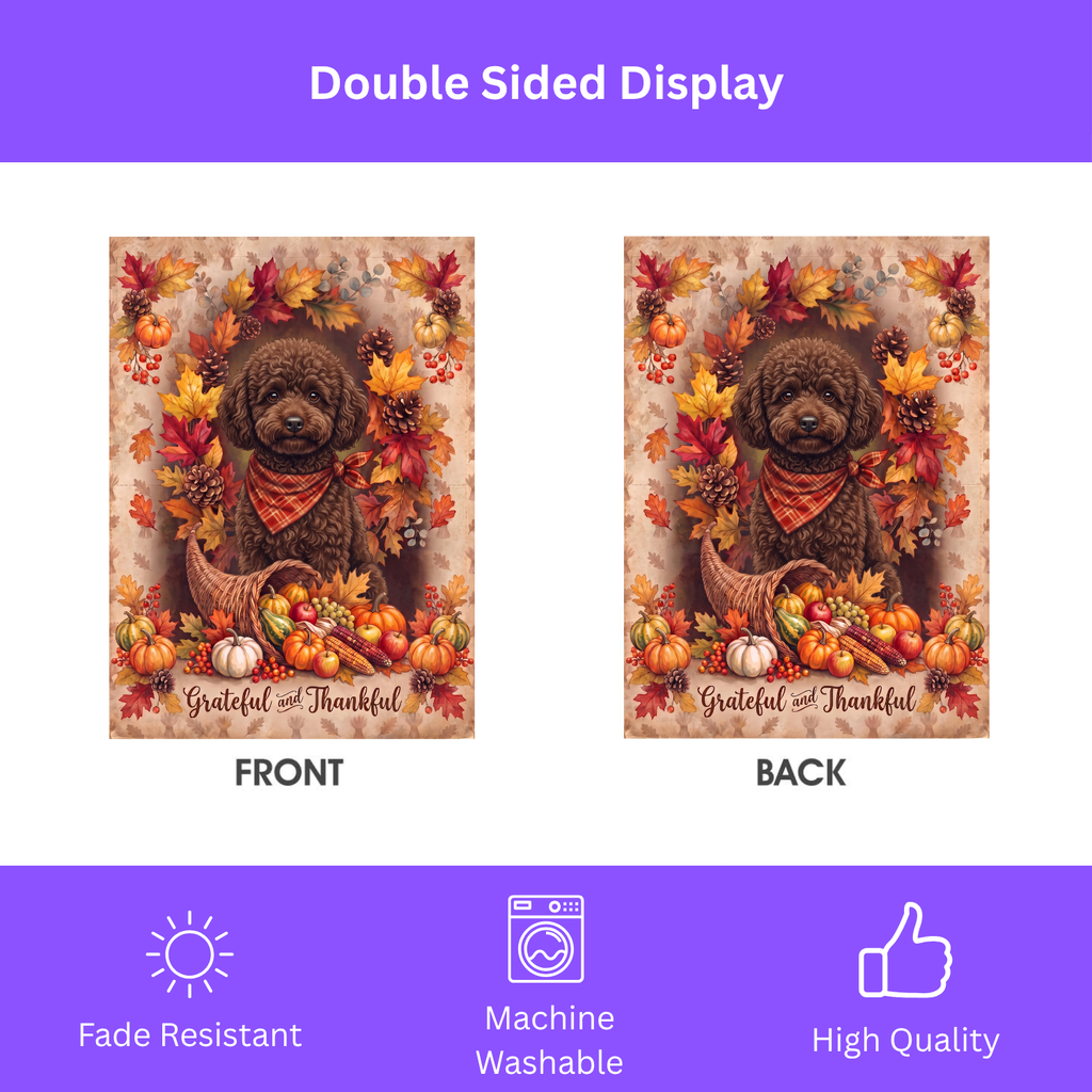Grateful and Thankful Chocolate Toy Poodle Thanksgiving Garden Flag Double Sided