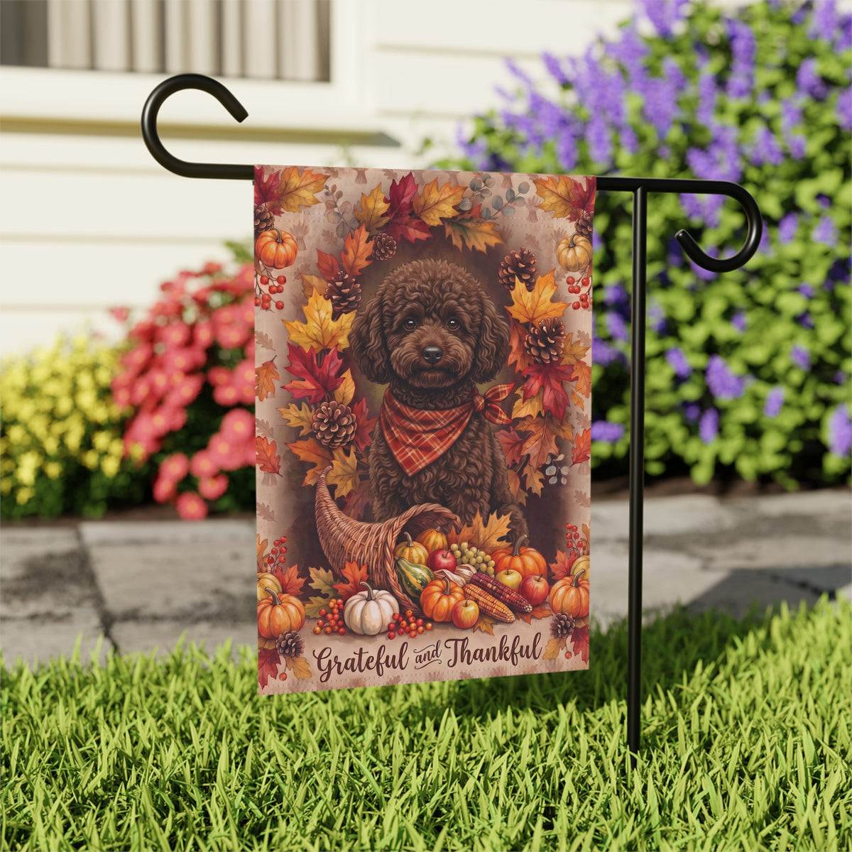 Grateful and Thankful Chocolate Toy Poodle Thanksgiving Garden Flag Double Sided