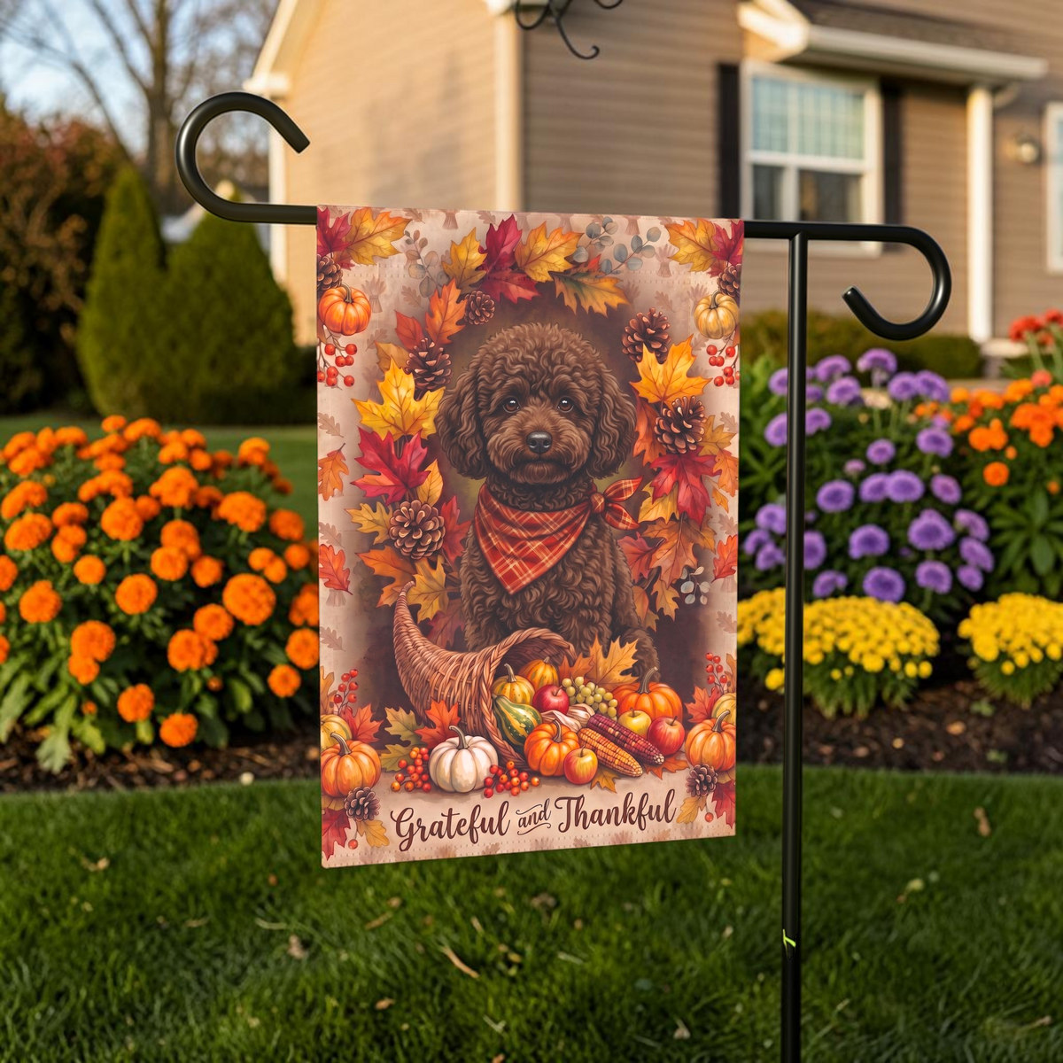 Grateful and Thankful Chocolate Toy Poodle Thanksgiving Garden Flag Double Sided