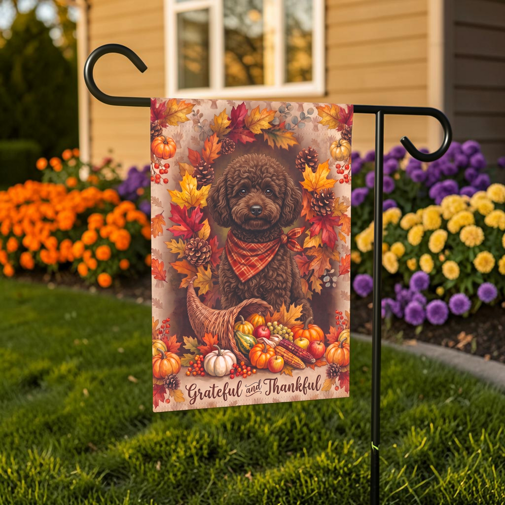 Grateful and Thankful Chocolate Toy Poodle Thanksgiving Garden Flag Double Sided