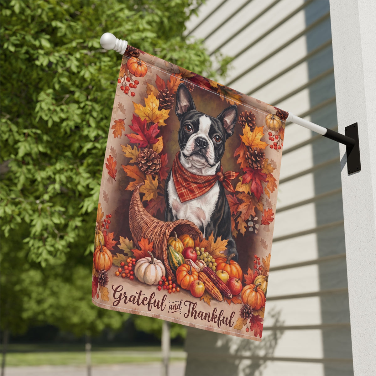 Grateful And Thankful Black And White Boston Terrier Thanksgiving Garden Flag