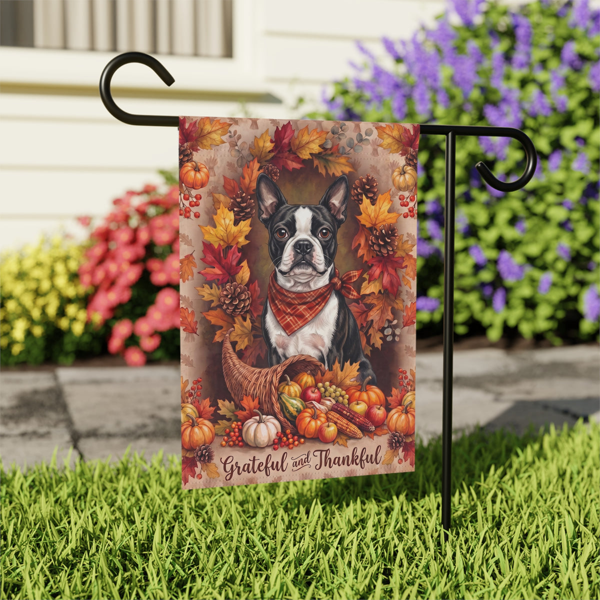 Grateful And Thankful Black And White Boston Terrier Thanksgiving Garden Flag