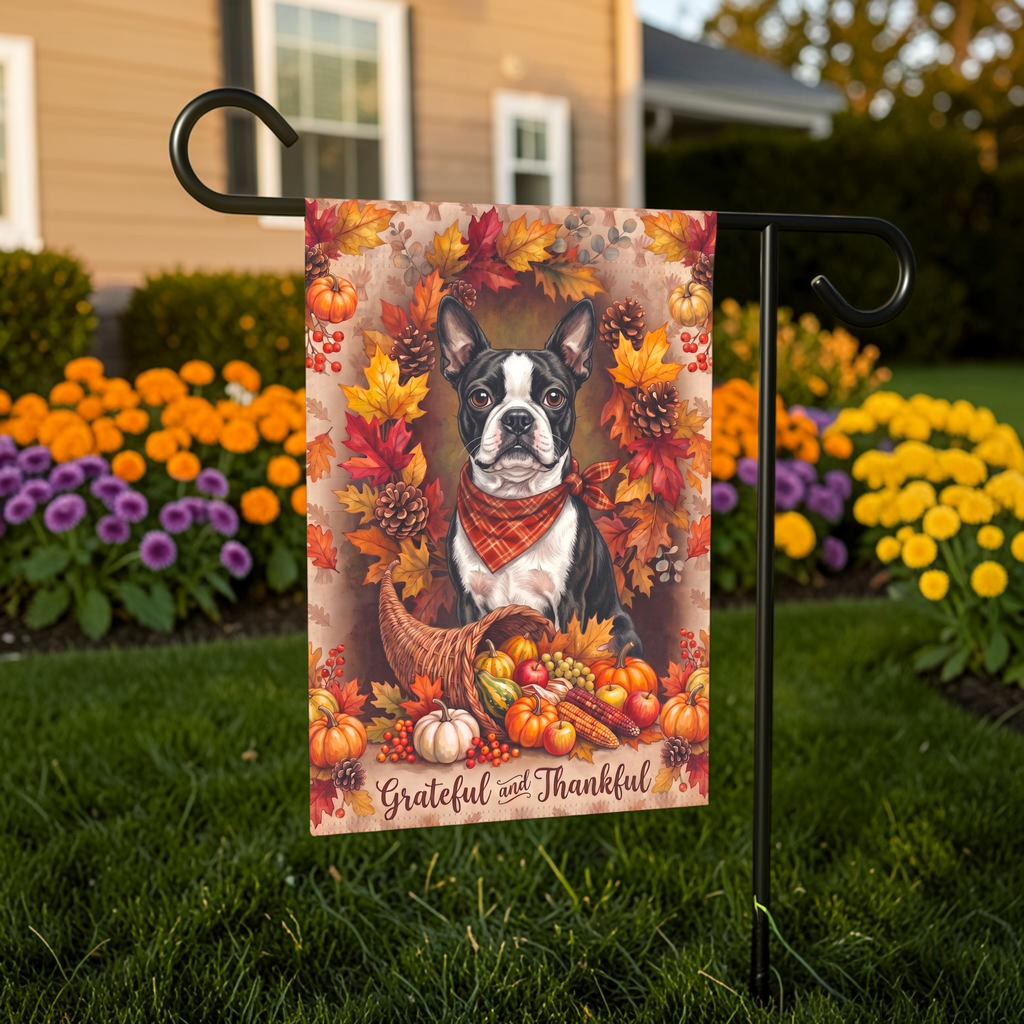 Grateful And Thankful Black And White Boston Terrier Thanksgiving Garden Flag