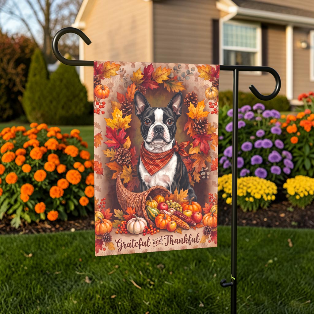 Grateful And Thankful Black And White Boston Terrier Thanksgiving Garden Flag