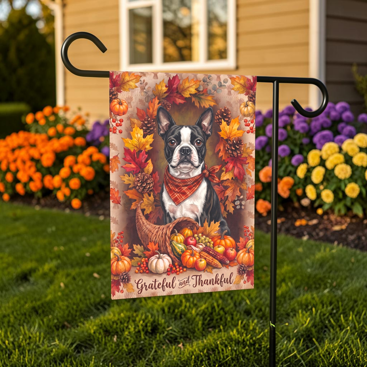 Grateful And Thankful Black And White Boston Terrier Thanksgiving Garden Flag