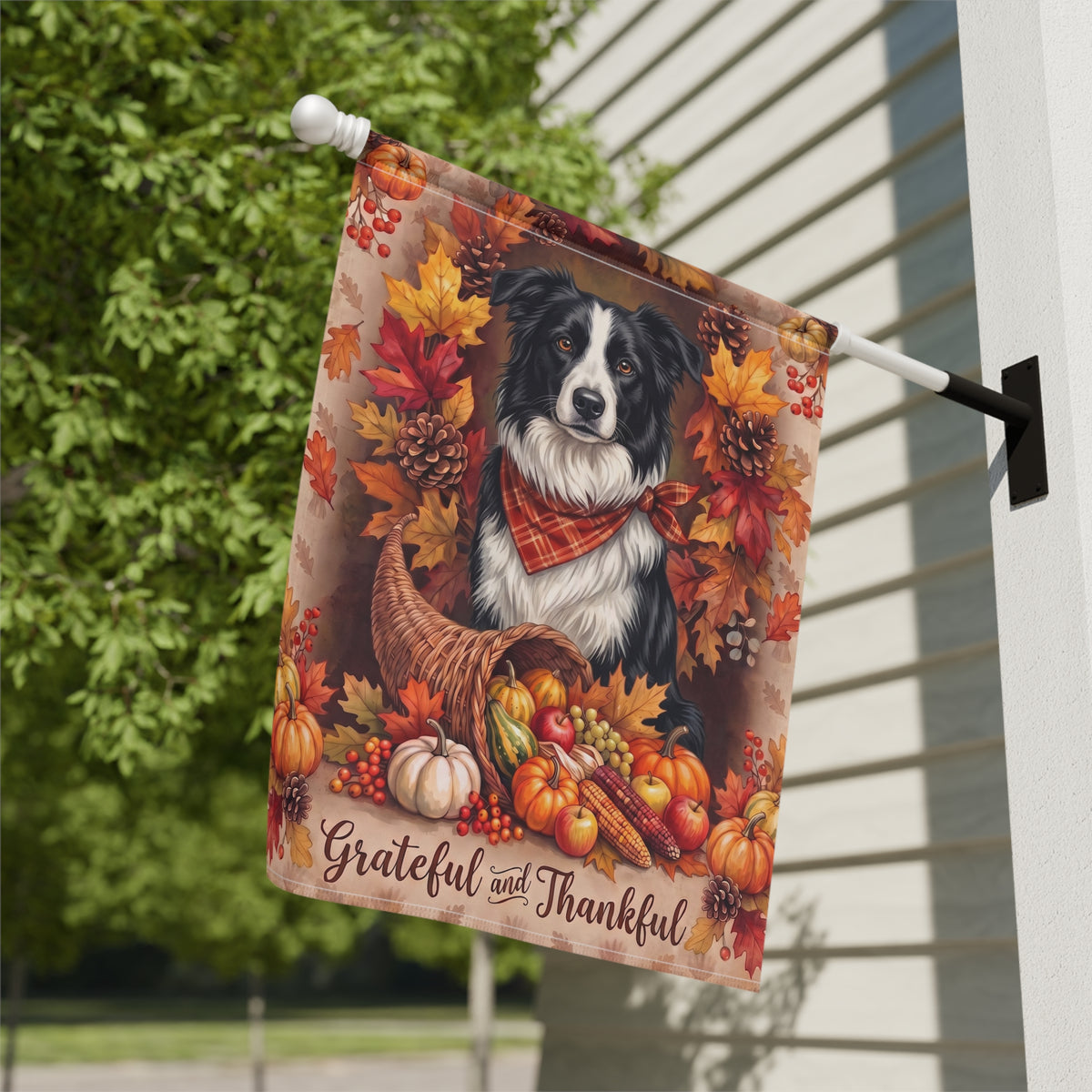 Grateful And Thankful Black And White Border Collie Thanksgiving Garden Flag