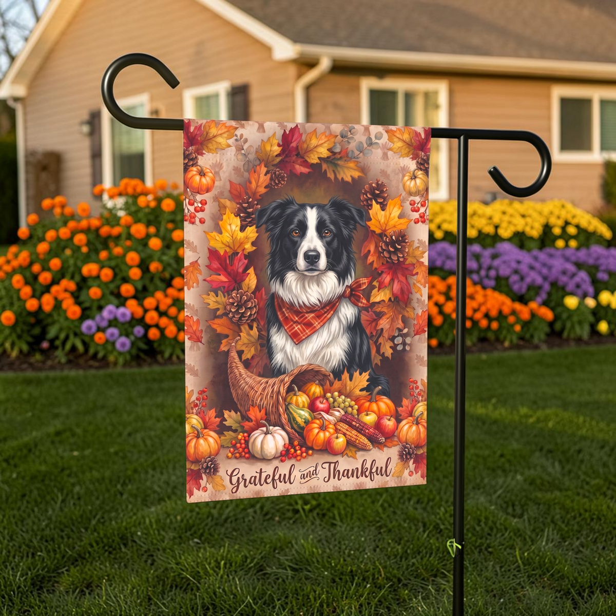 Grateful And Thankful Black And White Border Collie Thanksgiving Garden Flag